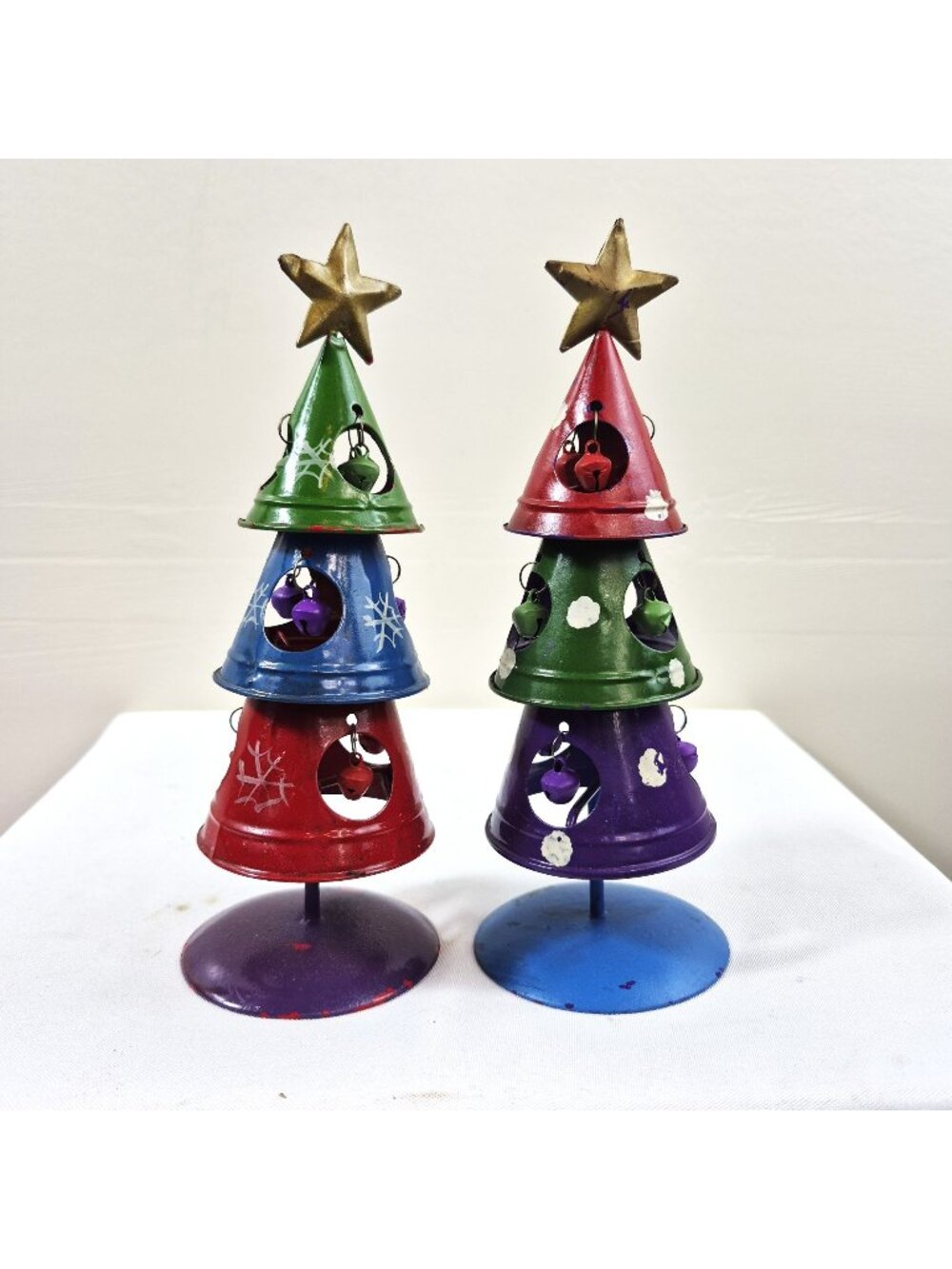 Metal Christmas Tree Table Bell Decor Folk Art Primitive Style Red Green Blue